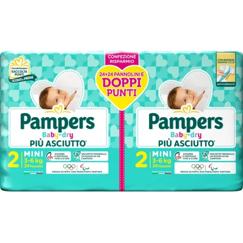 PAMPERS BABY DRY PIU' ASCIUTTO TAGLIA 2 MINI 3-6KG PACCO DOPPIO 48 PANNOLINI