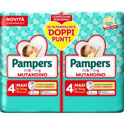 Pampers Baby Dry Mutandino Taglia 4 Maxi 8-15 kg Pacco Doppio 32 pannolini Pampers Baby Dry Mutandino Taglia 4 Maxi 8-15 kg Pacco Doppio 32 pannolini