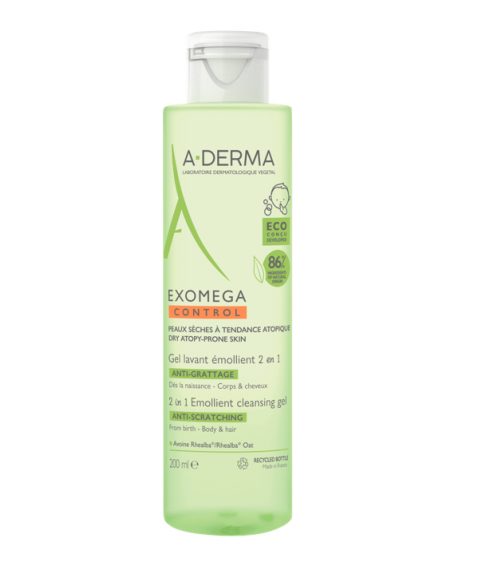 A-Derma Exomega Control Gel Detergente Emolliente 2 in 1 Corpo e Capelli 200 ml - Lenisce e protegge la pelle secca a tendenza atopica