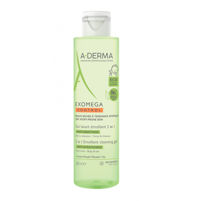 A-Derma Exomega Control Gel Detergente Emolliente 2 in 1 Corpo e Capelli 200 ml - Lenisce e protegge la pelle secca a tendenza atopica