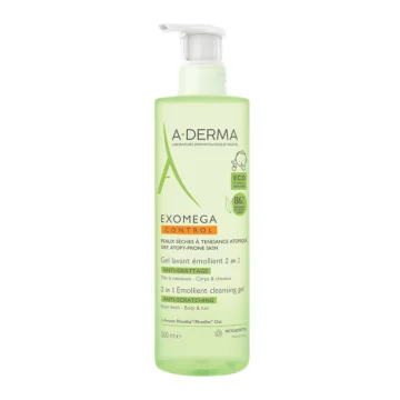 A-Derma Exomega Control Gel Detergente Emolliente 2 in 1 Corpo e Capelli 500 ml - Lenisce e protegge la pelle secca a tendenza atopica