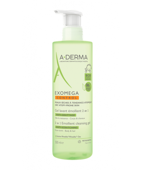 A-Derma Exomega Control Gel Detergente Emolliente 2 in 1 Corpo e Capelli 500 ml - Lenisce e protegge la pelle secca a tendenza atopica
