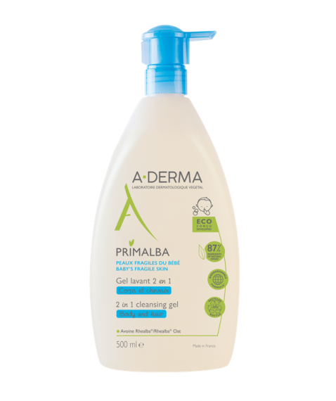 A-Derma Primalba Gel Lavante 2 in 1 Corpo e Capelli 500 ml - Per la pelle fragile e delicata dei neonati e dei bambini