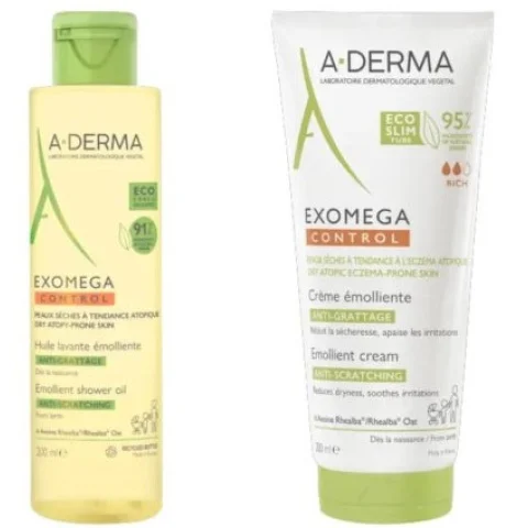 A-Derma Exomega Control Crema Emolliente 200ml + olio lavante anti prurito 200ml