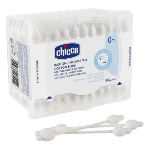 Chicco Bastoncini Ovattati Cotton Fioc con Protezione per Timpani 0Mesi+ 90 Pezzi