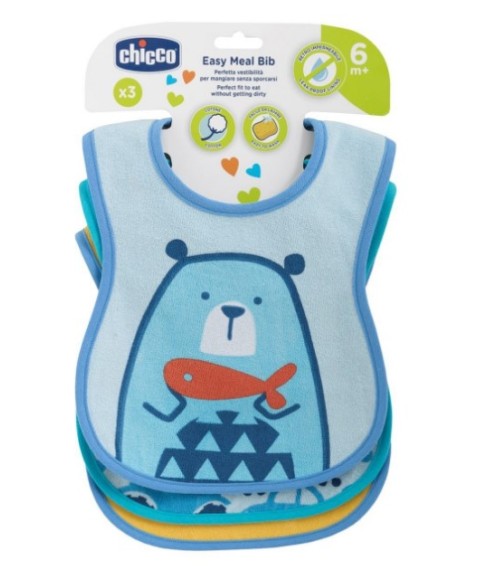 Chicco Bavaglini Pappa Bimbo 6Mesi+ Colore Light Blue 3 Pezzi 