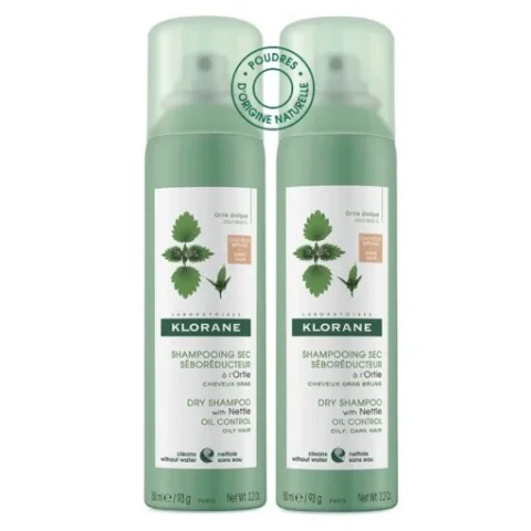 Klorane Bipacco Shampoo Secco all'Ortica e Vitamina E per capelli scuri 150ml+150ml