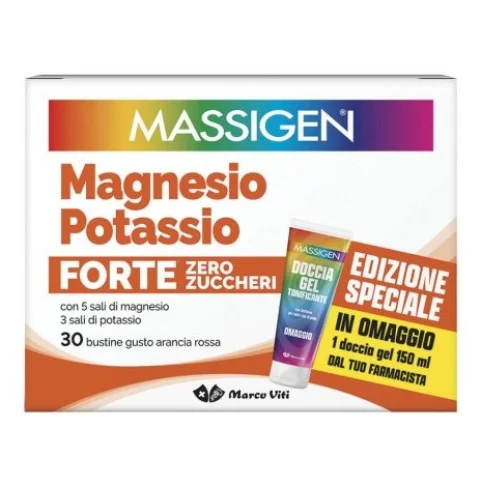 Massigen Magnesio Potassio Forte Zero Zuccheri 30 bustine gusto arancia rossa + Gel Doccia 150ml in regalo