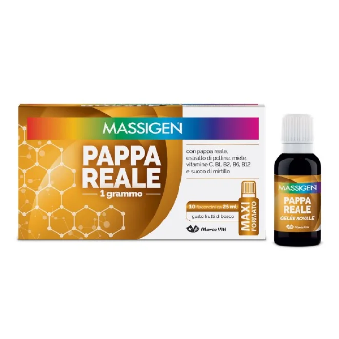 Massigen Pappa Reale 10 Flaconcini da 25 ml Gusto frutti di bosco - Ricostituente e contro l'inappetenza per bambini e anziani