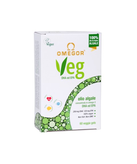 Omegor Veg 60 Veggie Gel Capsule - Integratore di acidi grassi omega-3 DHA ed EPA per vegani e vegetariani
