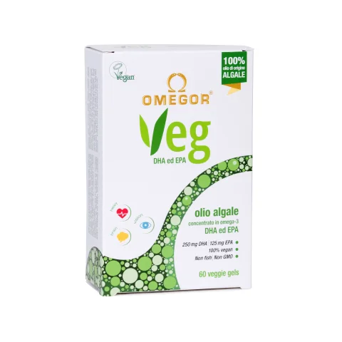Omegor Veg 60 Veggie Gel Capsule - Integratore di acidi grassi omega-3 DHA ed EPA per vegani e vegetariani