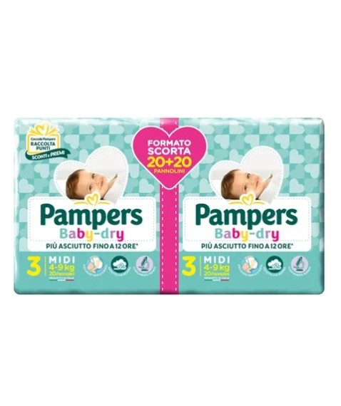 Pampers Baby Dry Midi Pannolini 4-9 Kg Misura 3 Formato Duo 40 Pezzi 