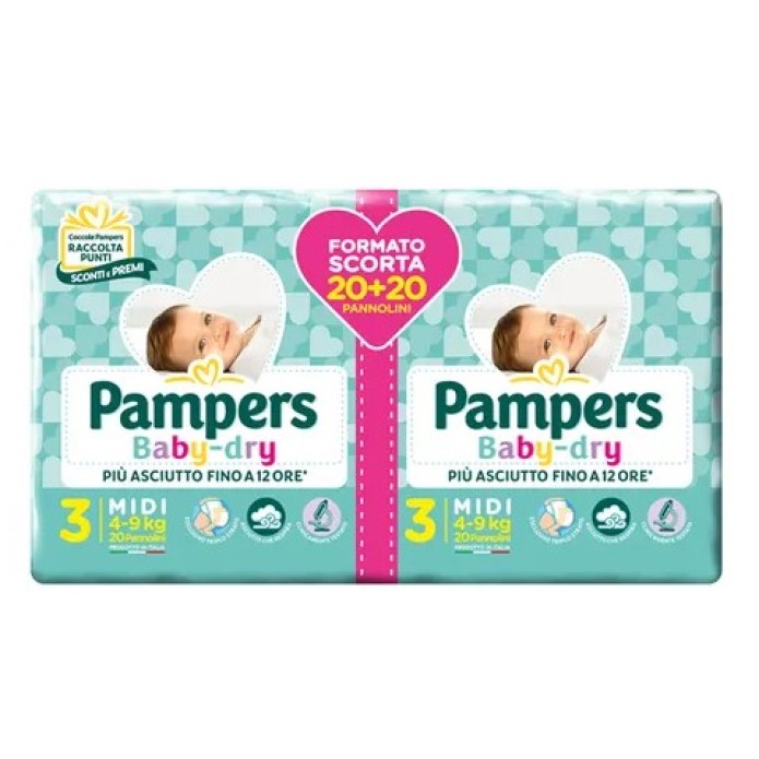 Pampers Baby Dry Midi Pannolini 4-9 Kg Misura 3 Formato Duo 40 Pezzi 