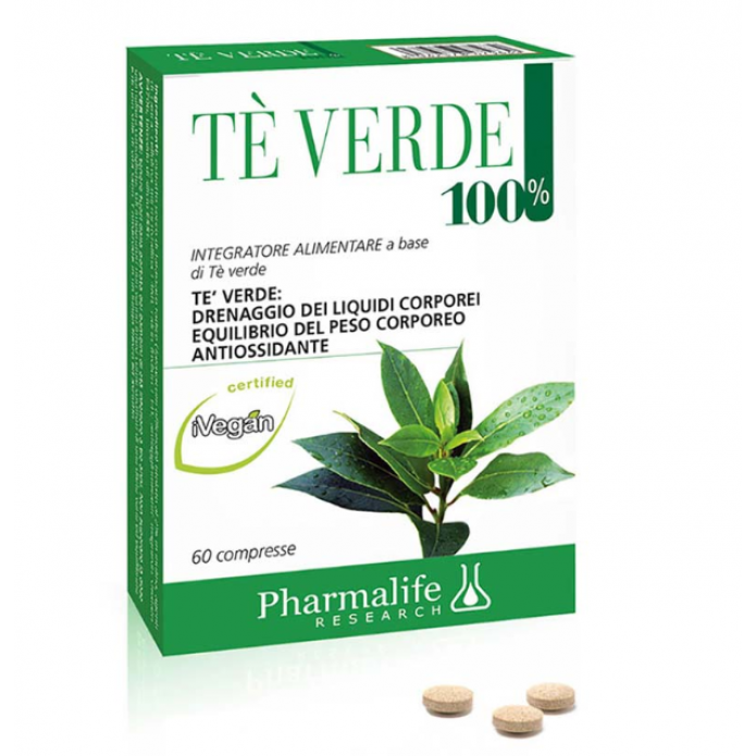 Pharmalife Research Tè Verde 100% 60 Compresse - Integratore alimentare drenante antiossidante e per l'equilibrio del peso corporeo