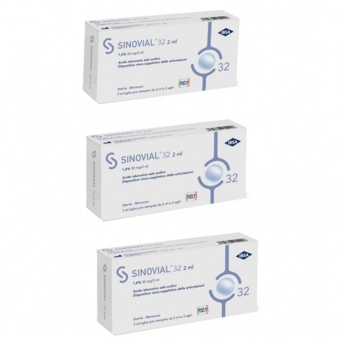 Sinovial 32 Siringa Preriempita a base di Acido Ialuronico Sale Sodico 1,6% - 32 mg/2 ml 3 Pezzi - Dispositivo visco-suppletivo delle articolazioni