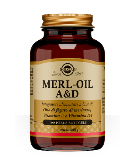 Solgar Merl-Oil A&D 100 Perle Softgels - Integratore alimentare per garantire il benessere di pelle occhi e ossa
