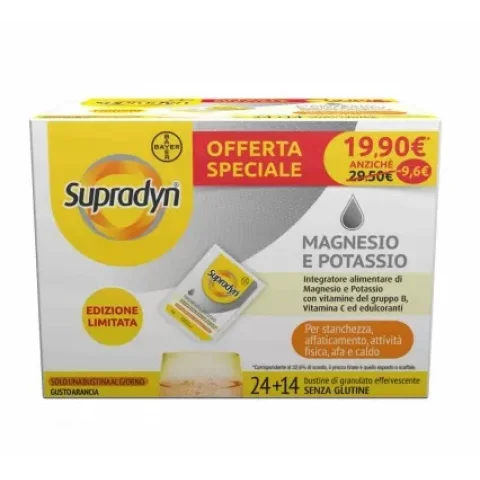 Supradyn Magnesio e Potassio Edizione Limitata 24+14 Bustine Gusto Arancia - Integratore per la stanchezza e l'affaticamento