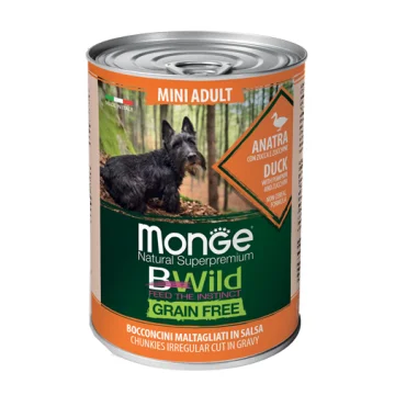 MONGE CANE BWILD GRAIN FREE GRAVY (IN SALSA) MINI ADULT ANATRA 400GR (lattina)