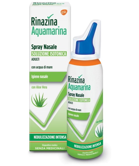 Rinazina Aquamarina Spray Nasale Soluzione Isotonica Con Aloe Vera Nebulizzazione Intensa 100 ml