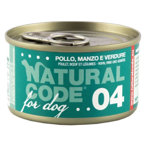 NATURAL CODE CANE 04 POLLO MANZO VERDURE 90GR (lattina)