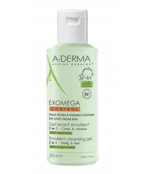 A-Derma Exomega Control Gel Emolliente 2 in 1 Corpo e Capelli 200 ml - Lenisce e protegge la pelle secca a tendenza atopica