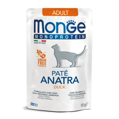 MONGE GATTO MONOPROTEICO ADULT PATE' ANATRA 85GR (bustina) MONGE GATTO MONOPROTEICO ADULT PATE' ANATRA 85GR (bustina)