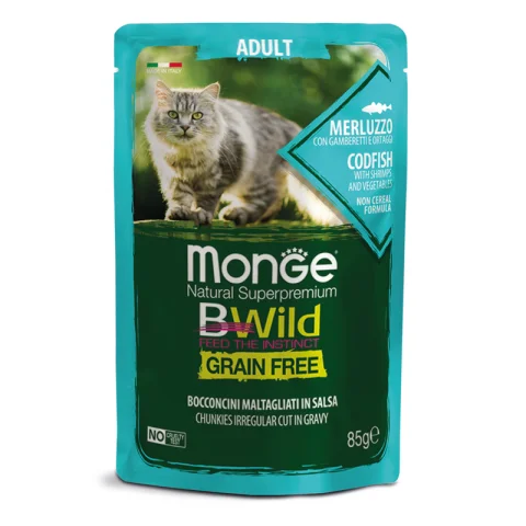 MONGE GATTO BWILD GRAIN FREE ADULT MERLUZZO 85GR (bustina)