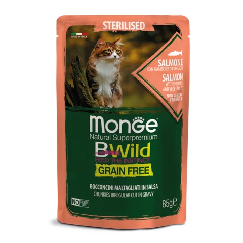 MONGE GATTO BWILD STERILISED SALMONE GAMBERETTI 85GR (bustina)