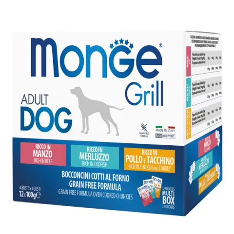 MONGE CANE GRILL ADULT GRAIN FREE BOCCONCINI MANZO/MERLUZZO/POLLO 12x100GR (bustina) MULTIPACK