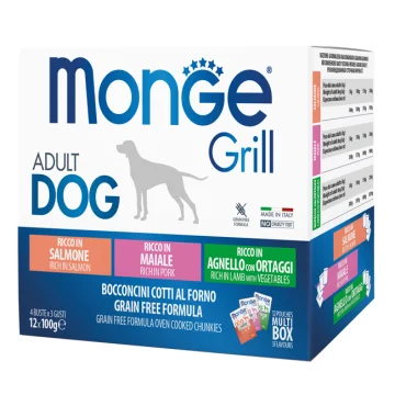 MONGE CANE GRILL ADULT GRAIN FREE BOCCONCINI SALMONE/MAIALE/AGNELLO 12x100GR (bustina) MULTIPACK
