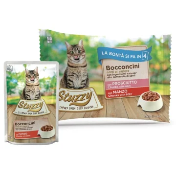 STUZZY GATTO BOCCONCINI PROSCIUTTO/MANZO 4x85GR (bustina) MULTIPACK