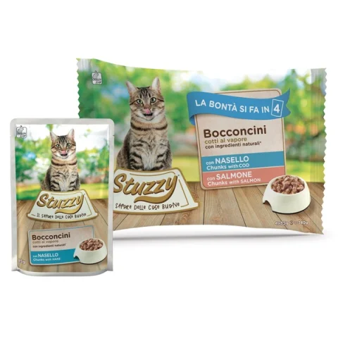 STUZZY GATTO BOCCONCINI NASELLO/SALMONE 4x85GR (bustina) MULTIPACK