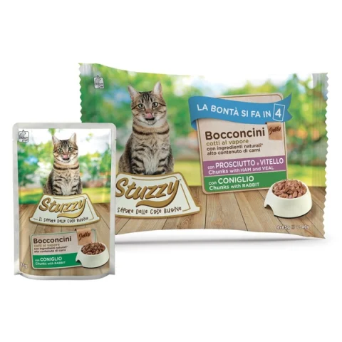 STUZZY GATTO BOCCONCINI JELLY PROSCIUTTO VITELLO/CONIGLIO 4x85GR (bustina) MULTIPACK