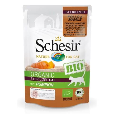 SCHESIR BIO GATTO STERILIZED POLLO MAIALE ZUCCA 85GR (bustina)