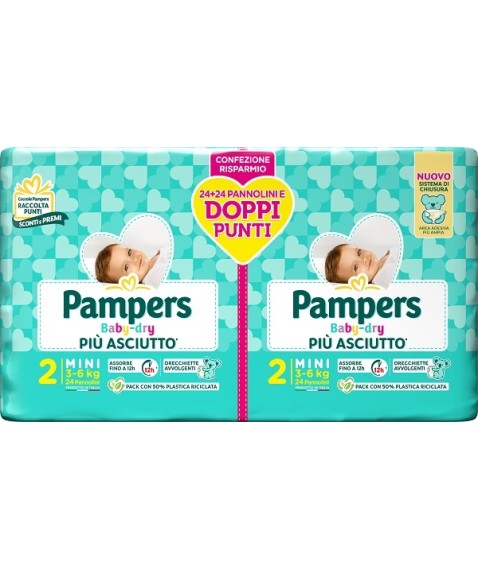 PAMPERS BABY DRY PIU' ASCIUTTO TAGLIA 2 MINI 3-6KG PACCO DOPPIO 48 PANNOLINI