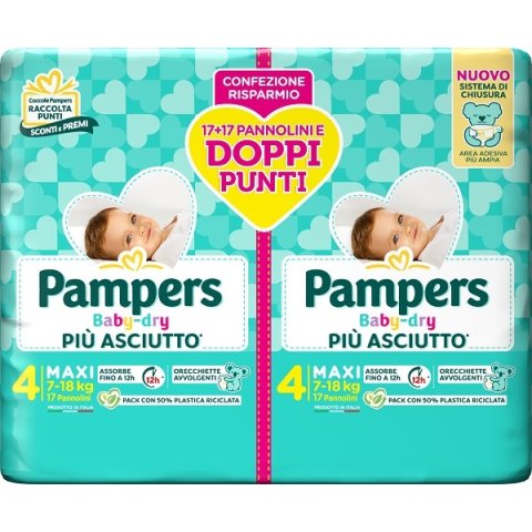 PAMPERS BABY DRY PIU' ASCIUTTO TAGLIA 4 MAXI 7-18KG PACCO DOPPIO 34 PANNOLINI PAMPERS BABY DRY PIU' ASCIUTTO TAGLIA 4 MAXI 7-18KG PACCO DOPPIO 34 PANNOLINI