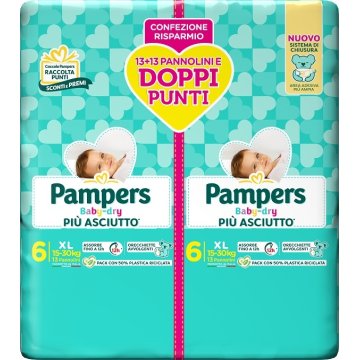 PAMPERS BABY DRY PIU' ASCIUTTO TAGLIA 6 XL 15-30KG PACCO DOPPIO 26 PANNOLINI