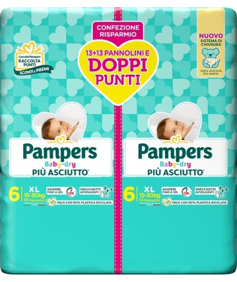 PAMPERS BABY DRY PIU' ASCIUTTO TAGLIA 6 XL 15-30KG PACCO DOPPIO 26 PANNOLINI