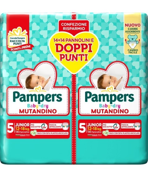 PAMPERS BABY DRY MUTANDINO TAGLIA 5 JUNIOR 12-18KG PACCO DOPPIO 28 PANNOLINI