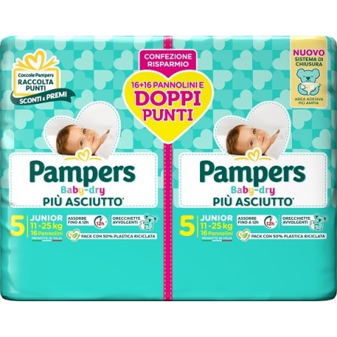 PAMPERS BABY DRY PIU' ASCIUTTO TAGLIA 5 JUNIOR 11-25KG PACCO DOPPIO 32 PANNOLINI PAMPERS BABY DRY PIU' ASCIUTTO TAGLIA 5 JUNIOR 11-25KG PACCO DOPPIO 32 PANNOLINI