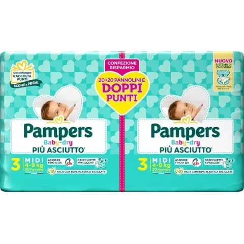 PAMPERS BABY DRY PIU' ASCIUTTO TAGLIA 3 MIDI 4-9KG PACCO DOPPIO 40 PANNOLINI PAMPERS BABY DRY PIU' ASCIUTTO TAGLIA 3 MIDI 4-9KG PACCO DOPPIO 40 PANNOLINI