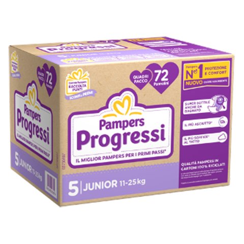 PAMPERS PROGRESSI JUNIOR TAGLIA 5 - CONFEZIONE QUADRUPLA 72 PANNOLINI PAMPERS PROGRESSI JUNIOR TAGLIA 5 - CONFEZIONE QUADRUPLA 72 PANNOLINI