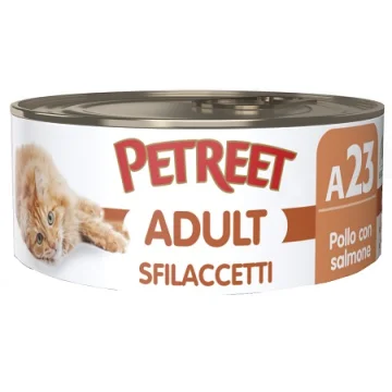 PETREET GATTO ADULT A23 SFILACCETTI POLLO SALMONE 70GR (lattina)