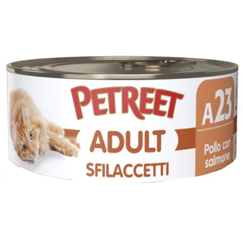PETREET GATTO ADULT A23 SFILACCETTI POLLO SALMONE 70GR (lattina)