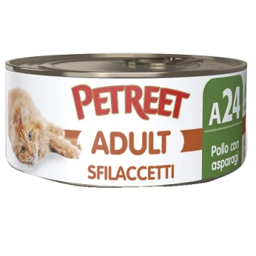 PETREET GATTO ADULT A24 SFILACCETTI POLLO ASPARAGI 70GR (lattina)