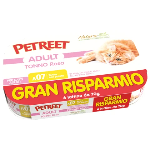 PETREET GATTO ADULT A07 TONNO ROSA PATATE 6x70GR (lattina) MULTIPACK