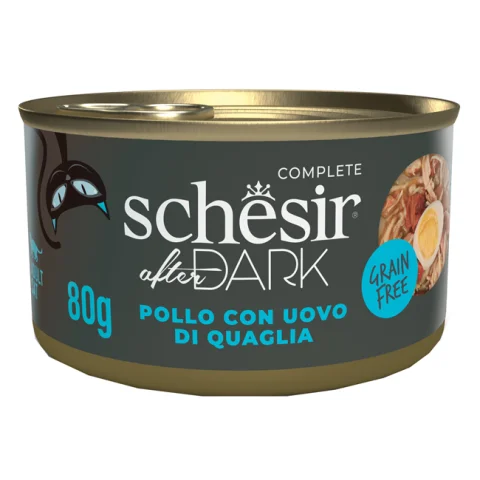SCHESIR GATTO AFTER DARK GRAIN FREE IN BRODO ADULT POLLO UOVA DI QUAGLIA 80GR (lattina)