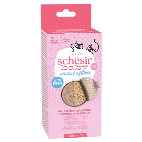SCHESIR GATTO BABY MOUSSE & FILLETS GRAIN FREE KITTEN POLLO SALMONE FEGATO 3x55GR (lattina)