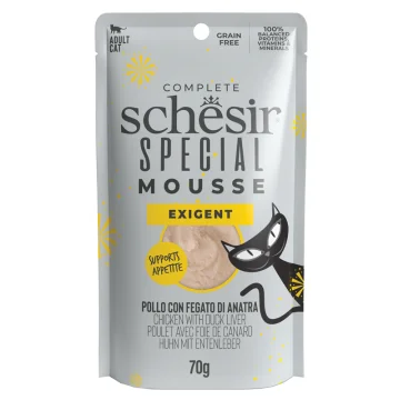 SCHESIR GATTO SPECIAL MOUSSE EXIGENT ADULT POLLO FEGATO DI ANATRA 70GR (bustina)
