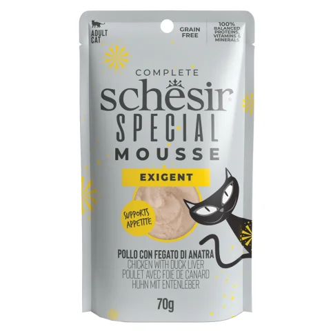SCHESIR GATTO SPECIAL MOUSSE EXIGENT ADULT POLLO FEGATO DI ANATRA 70GR (bustina)